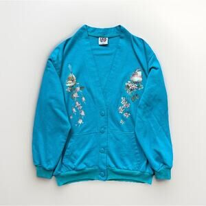 TKO Sportswear‎ Grandma Cardigan S Blue Bird Graphic Granny VTG 90s Ugly Sweater